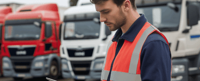 Lkw-Fahrer erledigt eine Sicherheitsunterweisung, genauer gesagt Fahrerunterweisung auf Tablet während Fahrerpause.