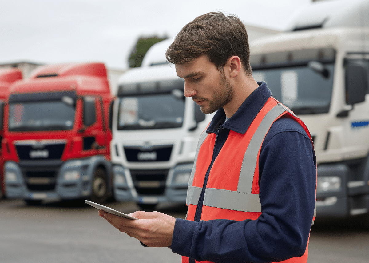 Lkw-Fahrer erledigt Fahrerunterweisung auf Tablet während Fahrerpause